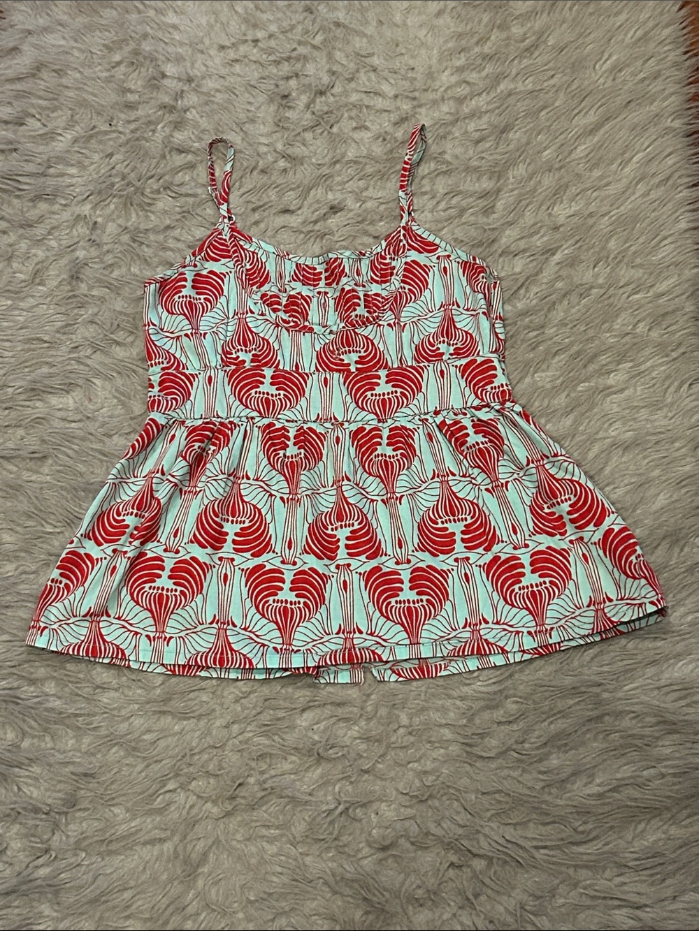 Tulle Anthropologie Red and Teal Patterned Spaghetti Strap Tank‎ Top
